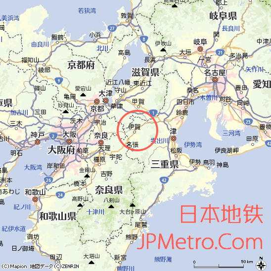 伊贺铁道在三重县的大致区位
